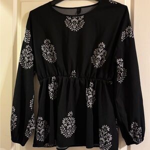 Black Long Sleeve Peplum Blouse with White Floral Design